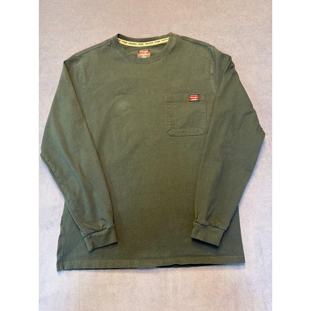 Wrangler Shirt Mens Medium Green Workwear Long Sleeve Pocket Polyester Crewneck